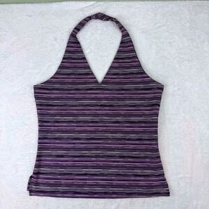 Studio Y Womens Purple Striped Metallic Halter Top‎ V-Neck Sleeveless Shirt